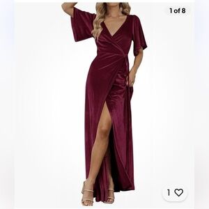 MEROKEETY Wrap stretch Velvet Maxi Dress  V-Neck Bell Sleeves 2XL maroon Red NWT